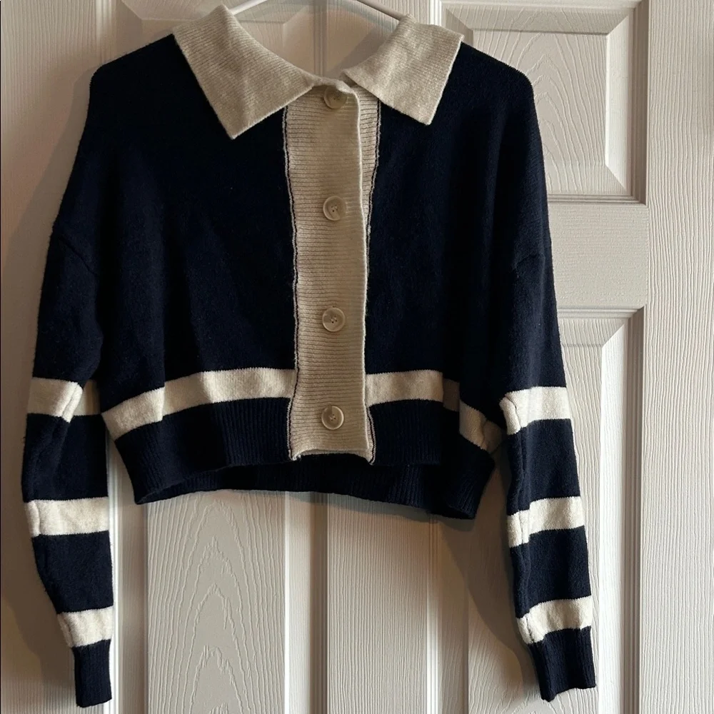Navy and Cream Striped Button-Up Sweater - Picture 3 of 8